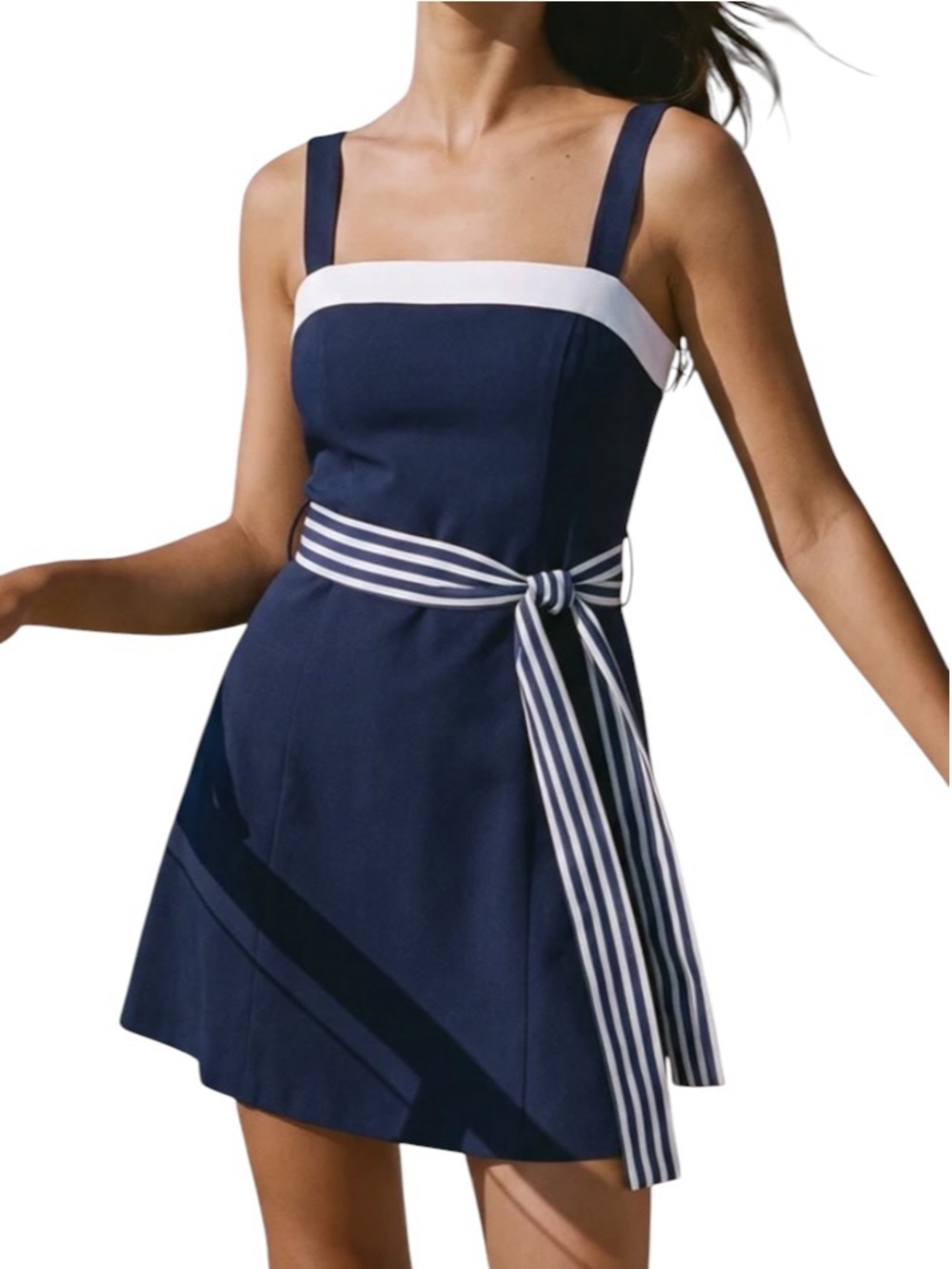 Commense Navy White Nautical Stripe Belt Cami Mini Dress XS NWT Linen Blend